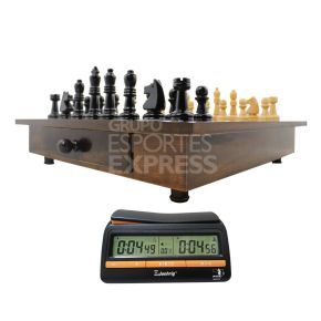 Conjunto de Xadrez Luxo - Tabuleiro com Gavetas, Peças Artesanais e Relógio de Xadrez Digital - Cód. 104.1688