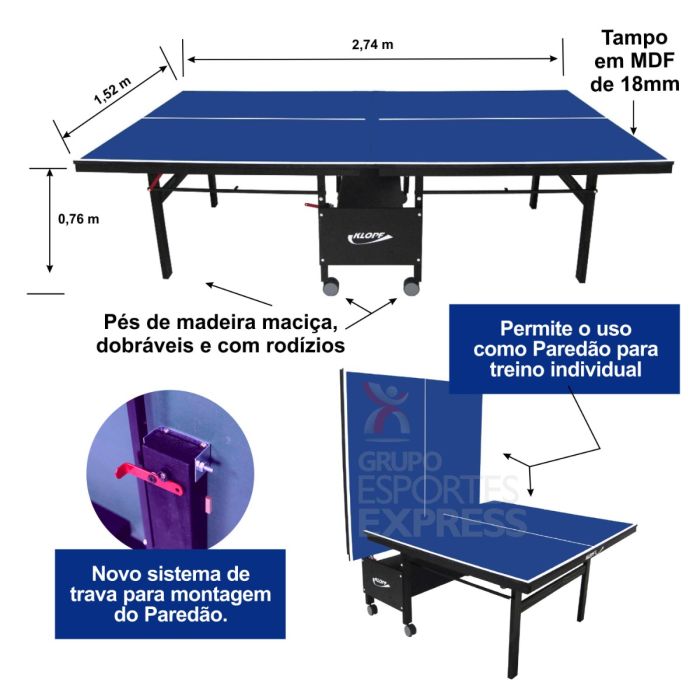 Mesa de Tênis de Mesa Ping-Pong AZUL c/ Kit Suporte e Rede, Tamanho  Oficial c/ Tampo em MDF 18mm e Pés em Madeira KLOPF